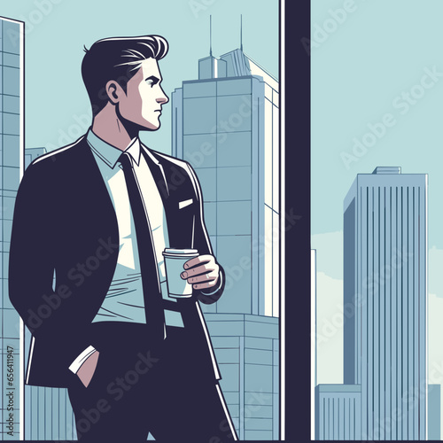 Businessman with cup of coffee and hand in pocket staring out the window of an office building