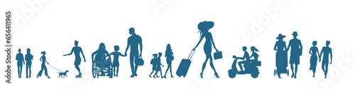  people silhouettes and families walking in street