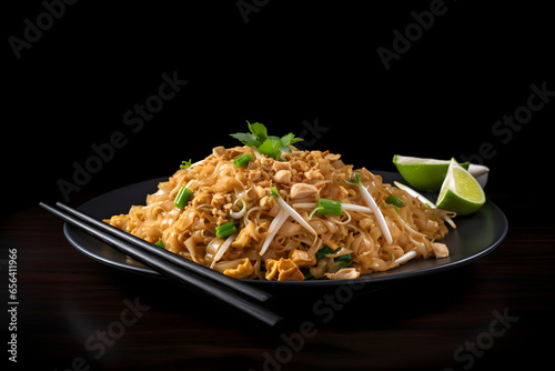 Pad Thai, Stir-fried noodles with chicken, peanuts and herbs on black background, food photography, product presentation, product display, banner background