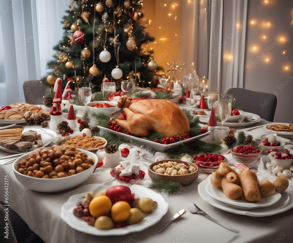 Christmas Dinner table full of dishes with food and snacks, New Year's decor with a Christmas tree on the background. Generative Ai