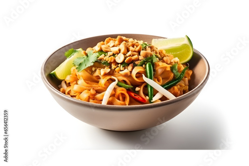 Pad Thai, Stir-fried noodles with chicken, peanuts and herbs on white background, food photography, product presentation, product display, banner background