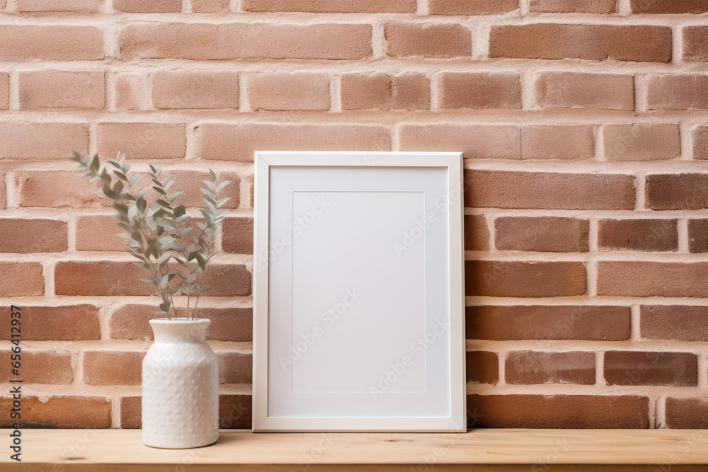 Blank picture vertical frame mockup on a red brick wall, boho style, modern, minimalist