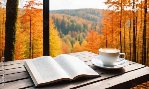 an open book and white coffee cup on the table, forest view autumn