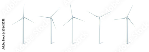 Wind turbines windmills energy power generators. White towers with long vanes for producing alternative eco energy. Vector