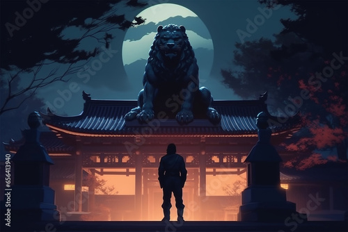 anime style illustration, a samurai in front of the temple gate photo