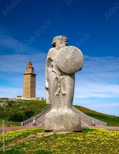 Statue of Breogan, the mythical Celtic king from Galicia and mythological father of the Galician nation located near the Tower of Hercules, A Coruna, Galicia, Spain photo