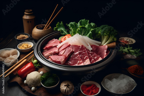 Raw fresh meat and fresh vegetables for hot pot shabu on a wooden table, food photography, product presentation, product display, banner background