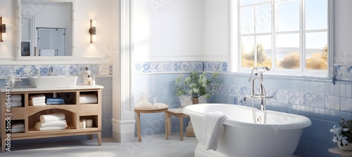 big blue and white bathroom interior, in the style of neoclassical scenes, light beige and gold, detailed botanical illustrations photo