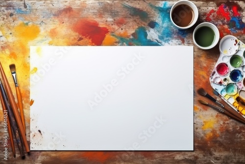 Blank sheet for drawing with paints and brushes on a colorful background. Art
