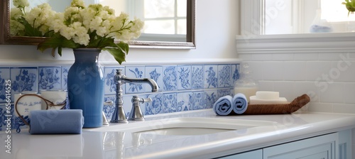 big blue and white bathroom interior, in the style of neoclassical scenes, light beige and gold, detailed botanical illustrations