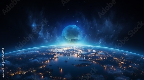 Planet earth from space: a panoramic view of the glowing city lights and light clouds on the globe photo