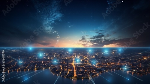 Planet earth from space: a panoramic view of the glowing city lights and light clouds on the globe