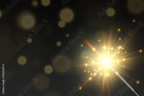 Magical light. Sparkler. Candle sparkling on the background. Realistic vector light effect. Winter, seasonal christmas decoration illustration. 