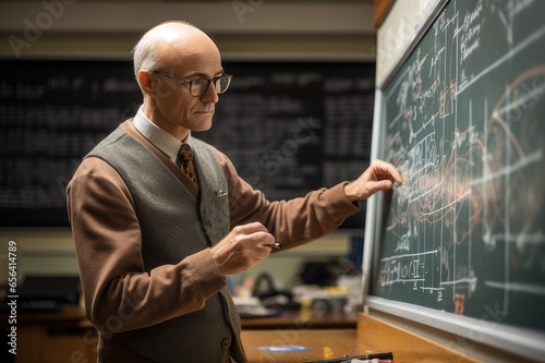 A senior professor in a lab coat, standing in front of a whiteboard, explains a complicated equation photo
