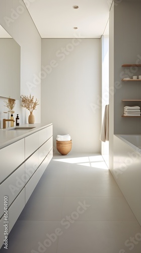 contemporary open mediterranean bathroom  in the style of minimalism  golden light  pink and beige  light gold  large window  danish design