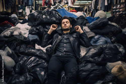 Black friday concept. Guy lying om. a pile of clothes. Marketing  fast fashion and consumerism.