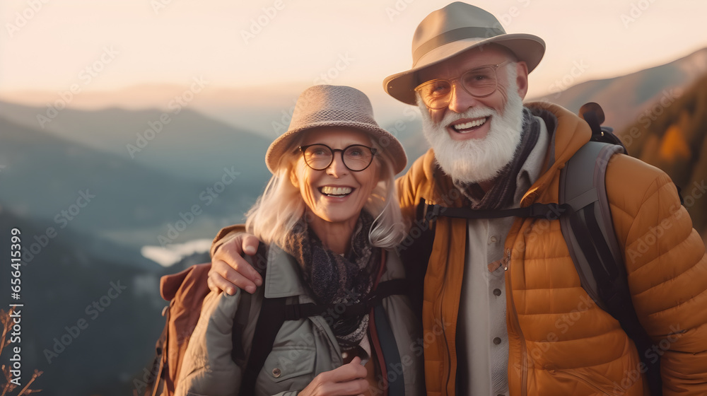 Old hiking couple with grey hear enjoy the beautiful sunset in the mountain during a hiking tour and making a happy smiling self portrait selfie, generative ai