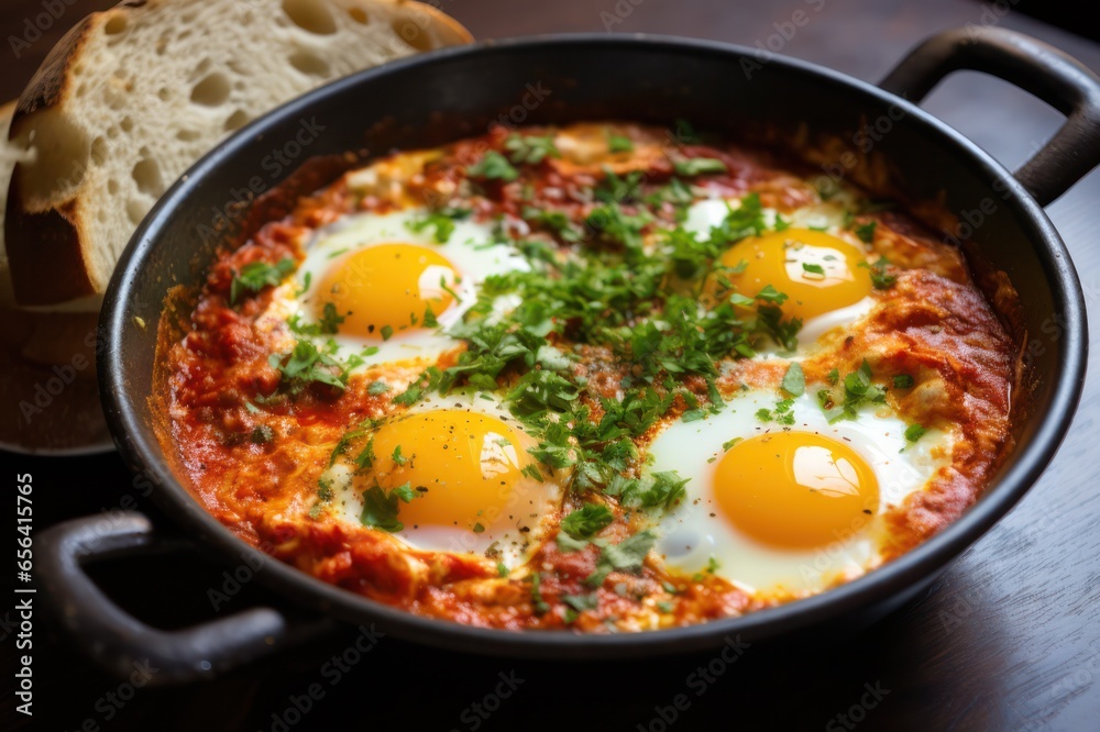 Shakshuka in a pan at home or restaurant, middle eastern breakfast. Eggs and tomatoes. 