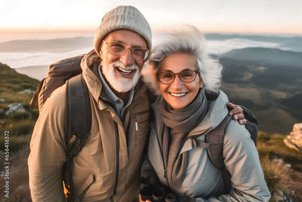 Old hiking couple with grey hear enjoy the beautiful sunset in the mountain during a hiking tour and making a happy smiling self portrait selfie, generative ai Old hiking couple with grey hear enjoy the beautiful sunset in the mountain during a hiking tour and making a happy smiling self portrait selfie, generative ai
