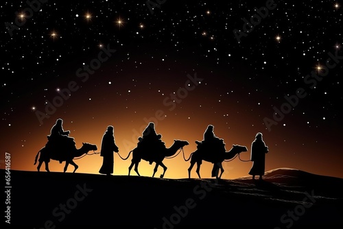 The three wise men follow the North Star to take their gifts to Baby Jesus. Joseph