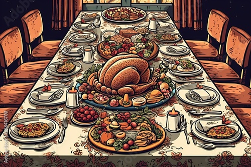 formal dining room table decorated for Thanksgiving and spread with delicious food to shared with friends and family at a holiday event