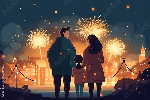 Happy family characters mother, father and daughter enjoying outdoor fireworks for Christmas or New Year's Celebration