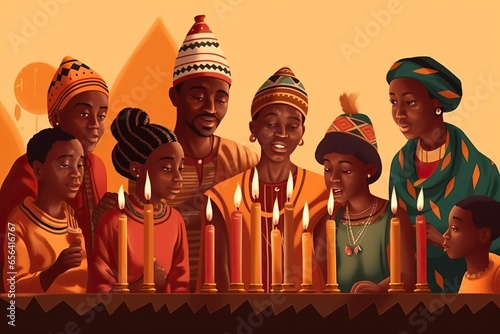 Kwanzaa vacation concept with decorating seven candles and family reunion