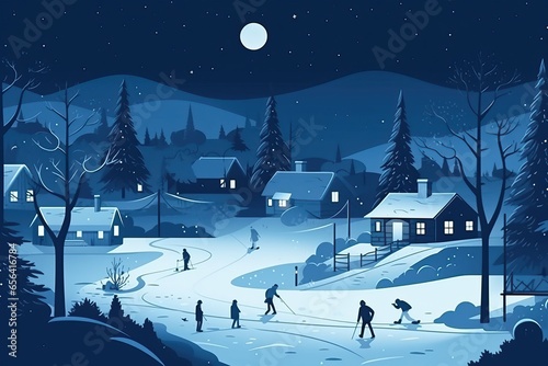 Winter landscape at night with people having fun doing outdoor activities in the new year
