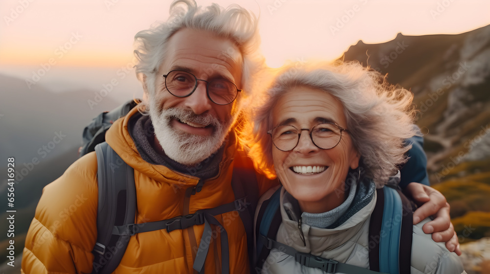 Old hiking couple with grey hear enjoy the beautiful sunset in the mountain during a hiking tour and making a happy smiling self portrait selfie, generative ai  - obrazy, fototapety, plakaty 