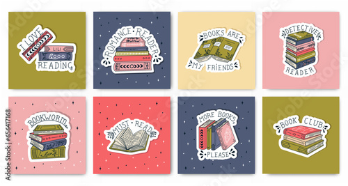Set of book postcards. Stacks of books and open books to read in flat design style. World Book Day. Vector.