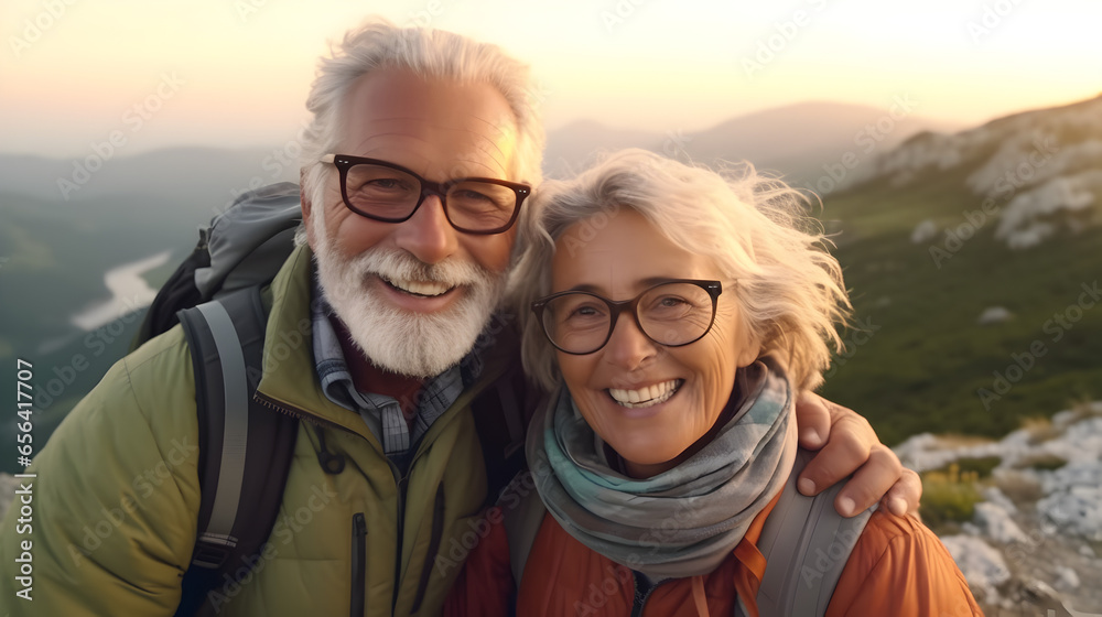 Old hiking couple with grey hear enjoy the beautiful sunset in the mountain during a hiking tour and making a happy smiling self portrait selfie, generative ai Old hiking couple with grey hear enjoy the beautiful sunset in the mountain during a hiking tour and making a happy smiling self portrait selfie, generative ai