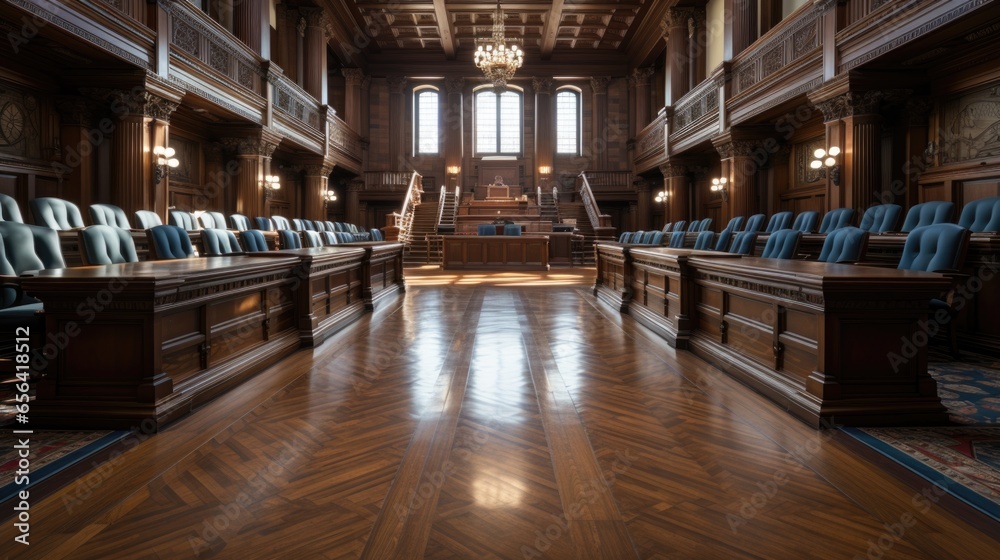 Empty courtroom in American style. Stand of the Supreme Court of Law and Justice. Large wooden interior with judge's bench, defendant's and plaintiff's tables - obrazy, fototapety, plakaty 