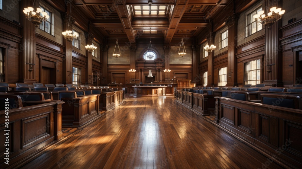 Empty courtroom in American style. Stand of the Supreme Court of Law and Justice. Large wooden interior with judge's bench, defendant's and plaintiff's tables