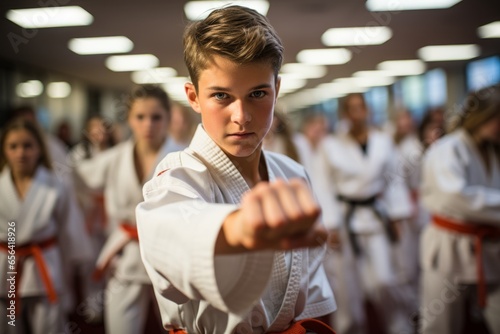 Karate students practicing basic punches and strikes with intense focus, Generative AI