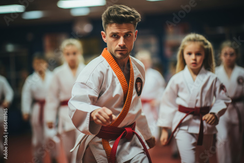 Karate students practicing basic punches and strikes with intense focus, Generative AI