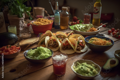 Mexican food, tacos and guacamole on wooden table, food photography, product presentation, product display, banner background