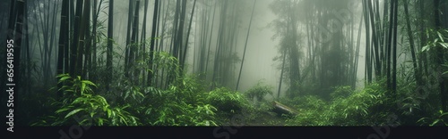 view of bamboo forest with fog in the morning during the rainy season. isolated on a bamboo background