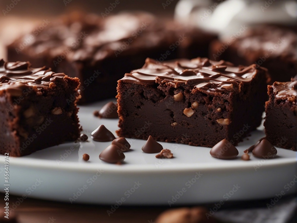 Delicious homemade brownie with ingredients on blurry background