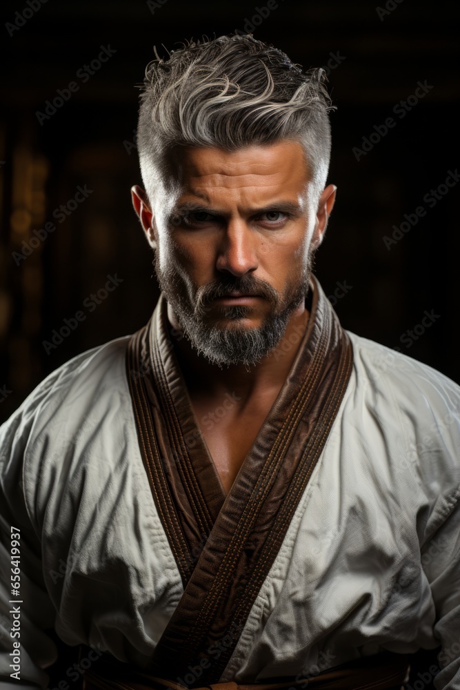 Karate practitioner in a deep, focused stance, radiating strength and determination, Generative AI Karate practitioner in a deep, focused stance, radiating strength and determination, Generative AI