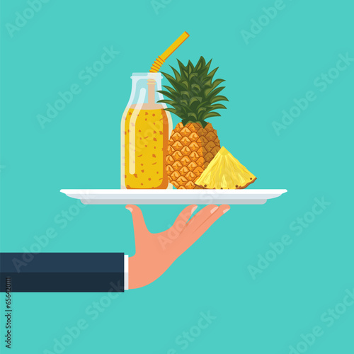 Pineapple juice on the waiter's tray in glass bottle with straws. Pineapple fresh. Cocktail smoothie. Template for menu or banner for healthy eating. Drink for healthy life. Vector flat design.