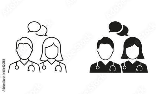 Doctors Consultation with Speech Bubble Line and Silhouette Icon Set. Physicians Speak Healthcare Chat Pictogram. Medic Specialist Conversation Symbol Collection. Isolated Vector Illustration