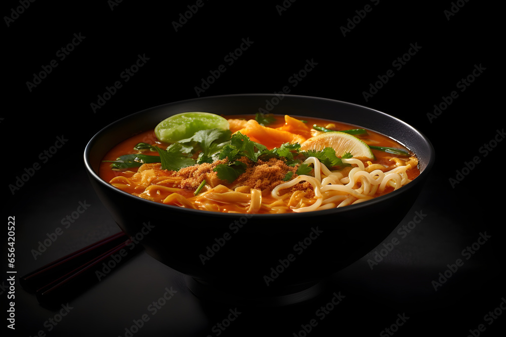 Tom Yum Goong, Thai Spicy Soup with Chicken and Vegetables on black background, food photography, Clip art