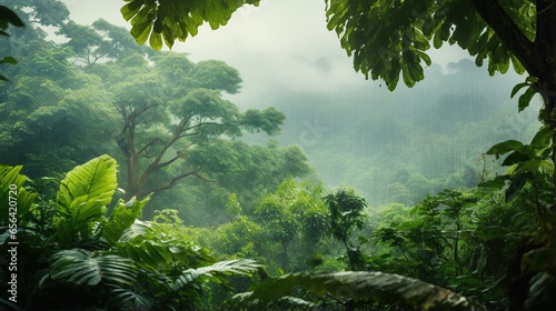 Fototapeta  view of tropical forest with fog in the morning during the rainy season