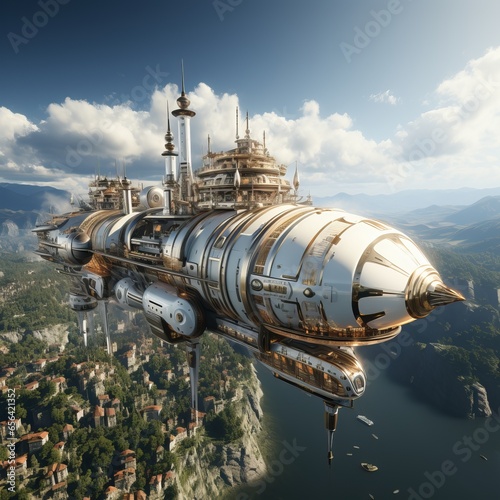 The airship flies across the sky. Fantasy air transport. Concept: a ship of the future flying over the city.