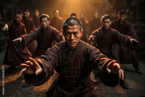 Kung Fu students practicing their forms in unison, showcasing discipline and precision, Generative AI. photo