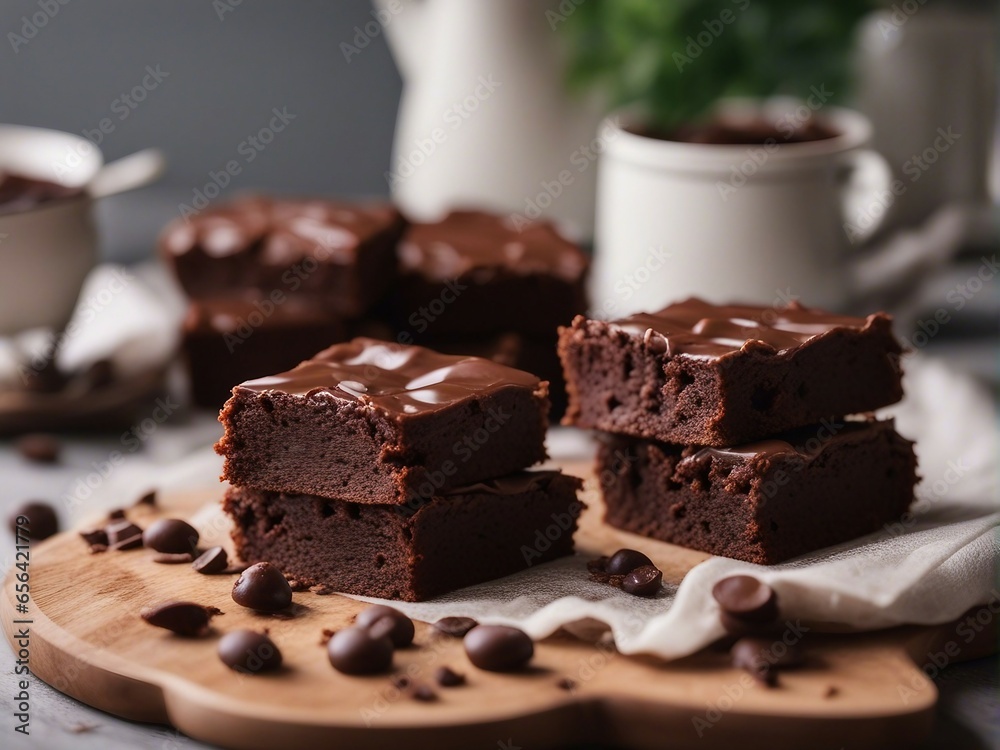 Delicious homemade brownie with ingredients on blurry background Delicious homemade brownie with ingredients on blurry background