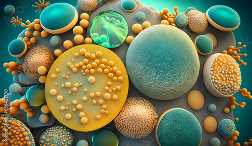 Abstract biology background, microscopic view of organic substance or cells. Candida fungi, Candida albicans, and other human pathogenic yeasts, 3D. Generative Ai.