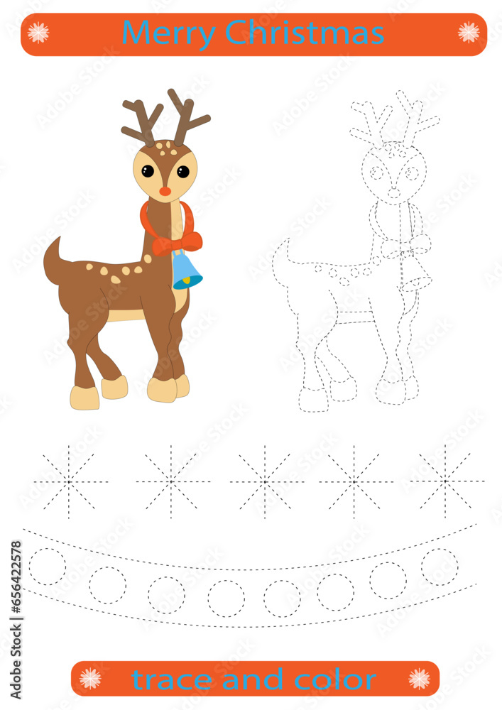 Fototapeta premium Tracing lines for children. Christmas, cute Christmas deer, handwriting practice development. EPS10 vector