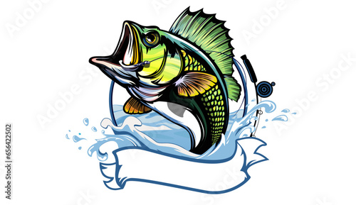 Fishing bass logo. Bass fish with rod club emblem. Fishing theme illustration. Fish Isolated on white.