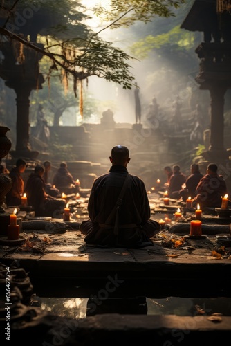  Kung Fu practitioners meditating in a tranquil temple, emphasizing the spiritual aspect of martial arts, Generative AI